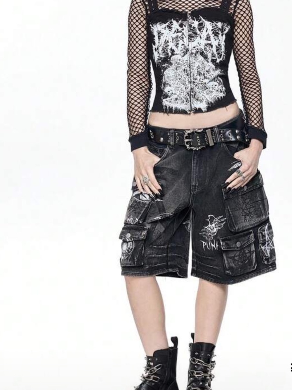 Black Punk Graphic Cargo Jean Shorts